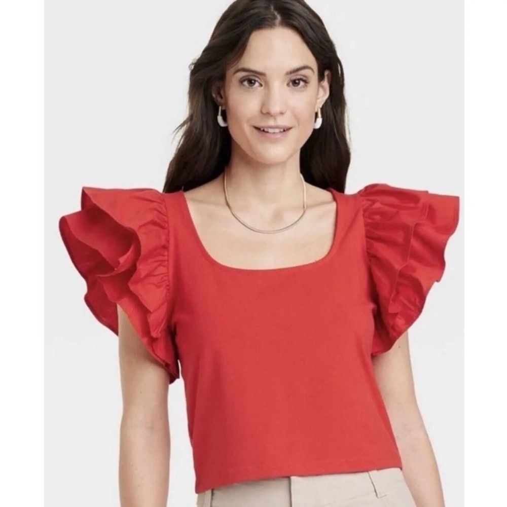 a new day Red Ruffle-Sleeve Square-Neck Top Blouse